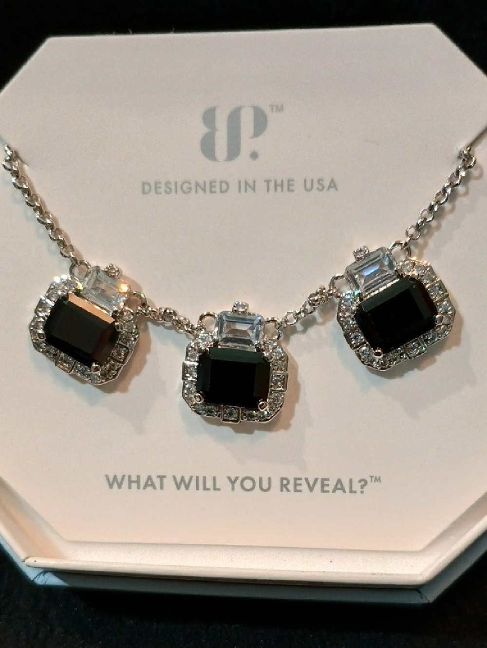 bp Silver-Tone Necklace with Black Onyx and Clear Gem Accents